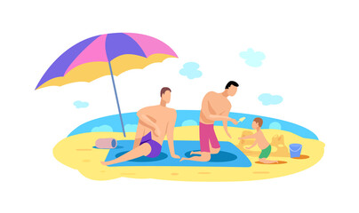 Obraz na płótnie Canvas Two gay men with a child are relaxing on the beach by the sea. Vector flat illustration