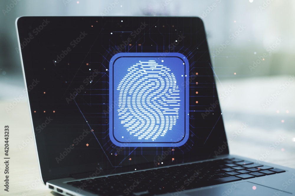 Aufkleber multi exposure of abstract graphic fingerprint sketch on modern computer background, fingerprint sca