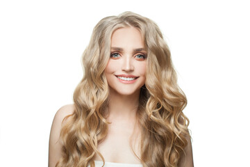 Happy blonde woman with long healthy curly hair isolated on white background