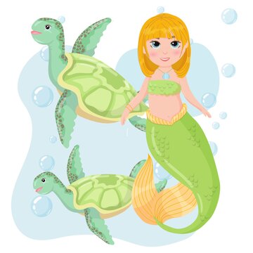 Cute cartoon mermaid with sea turtles. Little Mermaid with Red Hair and Green Tail. A magical creature. Vector illustration isolated on white background.