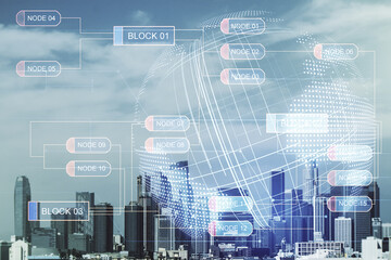 Abstract virtual coding concept and world map hologram on Los Angeles skyline background. Multiexposure