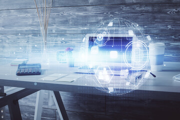 Double exposure of social network theme drawing and office interior background. Concept of web.