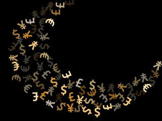 Euro dollar pound yen metallic signs flying currency vector background. Deposit pattern. Currency