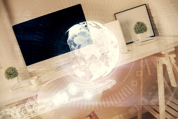 Multi exposure of world map drawing and office interior background. Concept of international network.