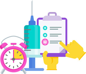 Vaccination schedule. Doctor with huge syringe and dose of vaccine.