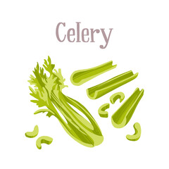 Fresh celery bunch, stalks and chopped. Healthy nutrition product.