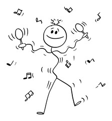 Dancing Musician Performing Music with Maraca or Rumba Shaker, Vector Cartoon Stick Figure Illustration
