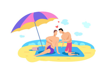 Obraz na płótnie Canvas Two gay men are relaxing on the beach by the sea. Vector flat illustration.