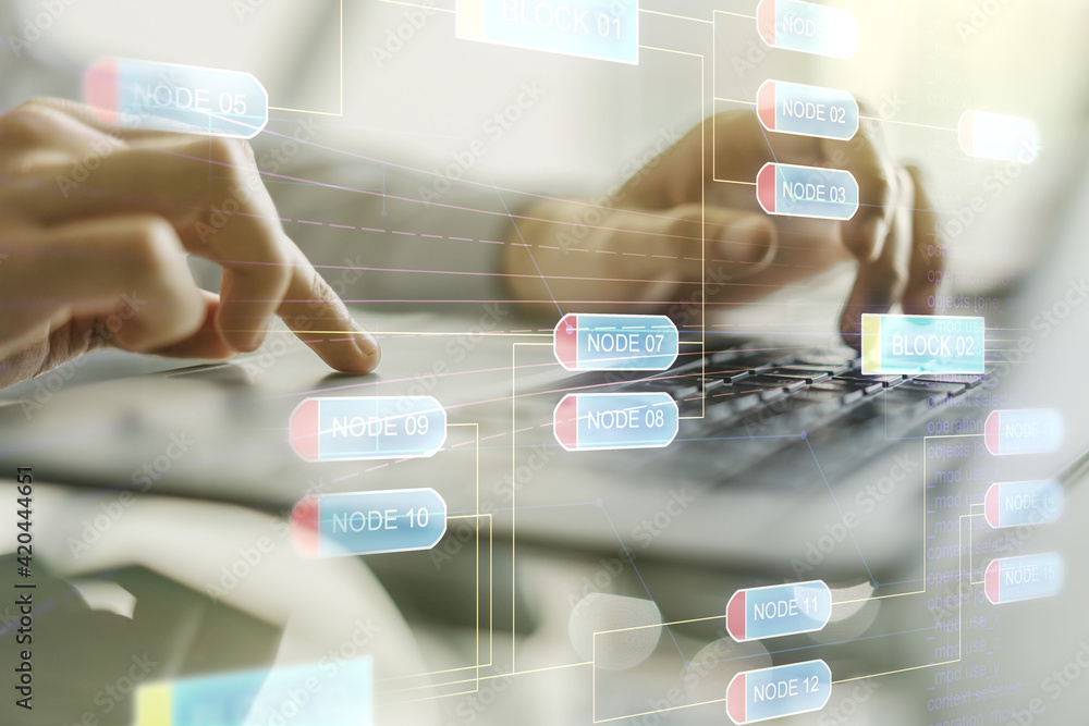 Poster abstract creative coding illustration with hands typing on laptop on background, software developmen