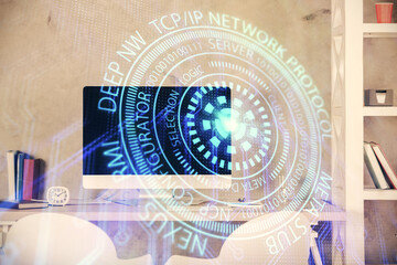 Multi exposure of data theme drawing and office interior background. Concept of technology.