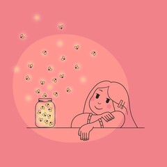 Little girl surrounded by fireflies