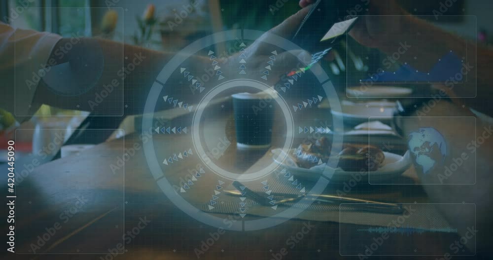 Poster animation of scope scanning with digital screens over man paying with smartwatch