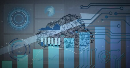 Animation of digital cloud with scopes scanning on screens, arrow ascending and statistics - Powered by Adobe