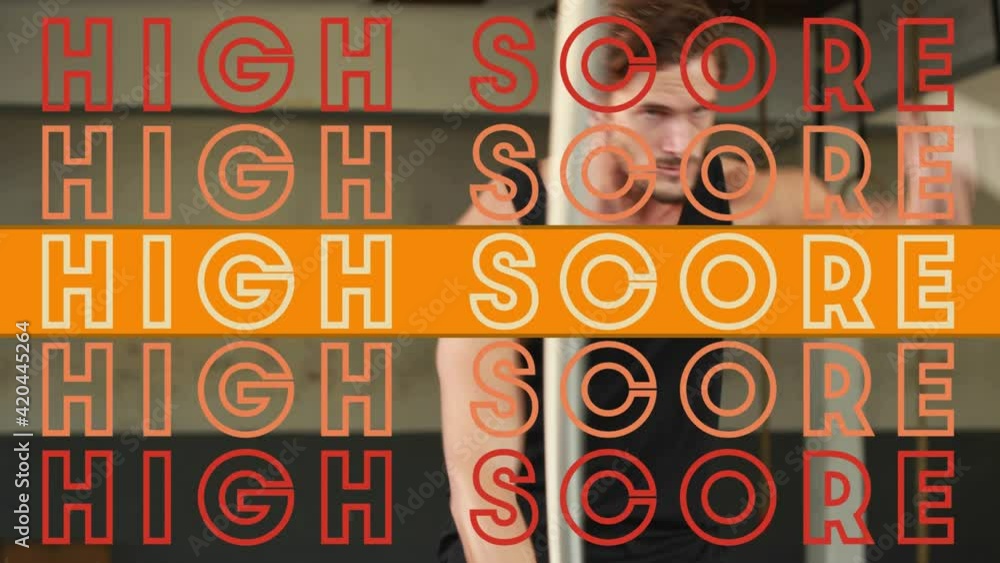 Poster animation of high score text in repetition with orange stripe over man exercising with battle ropes