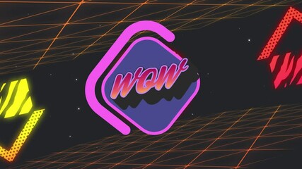 Animation of wow text over purple diamond shape with glowing shapes and orange grid - Powered by Adobe
