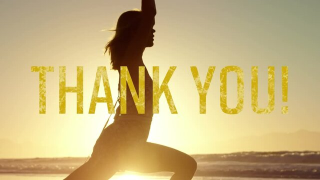 Animation of thank you text in yellow letters over woman practicing yoga