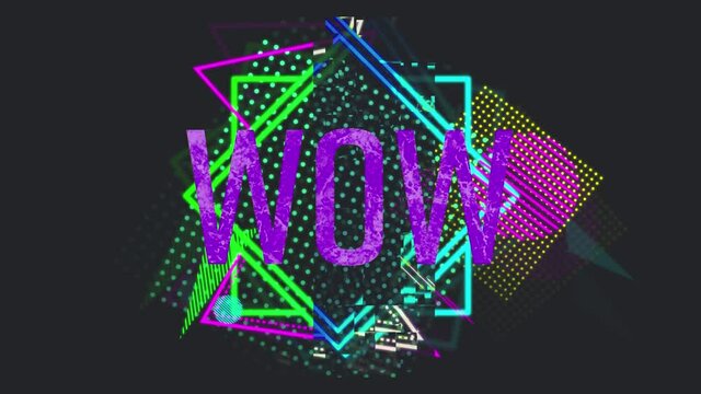 Animation of wow text in purple letters over vibrant geometric figures