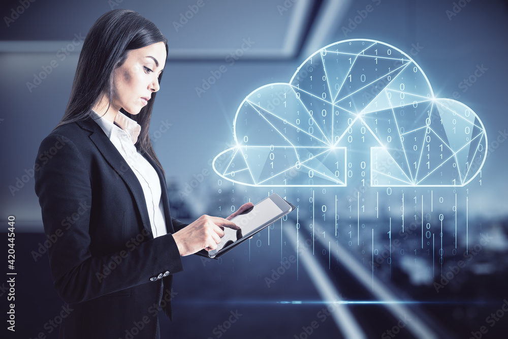 Poster Cloud technology concept with businesswoman touching digital tablet screen and virtual 3D cloud layout with programming code
