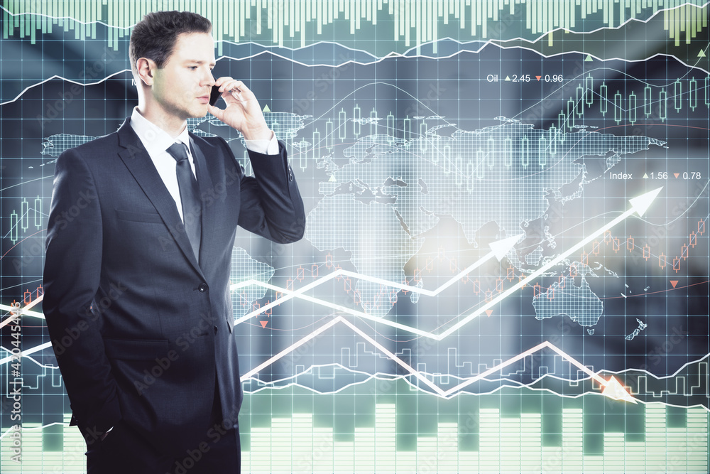Aufkleber Successful investing concept with trader man talking on the phone on digital screen with growing financial chart graphs background