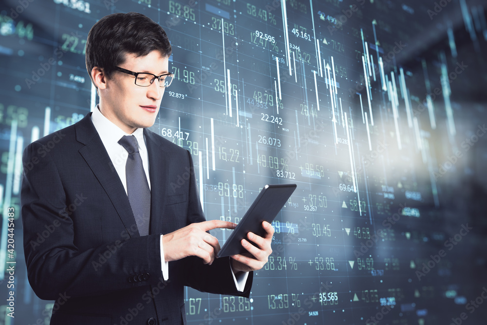 Poster online investing market concept with trader man touching digital tablet screen on virtual display wi
