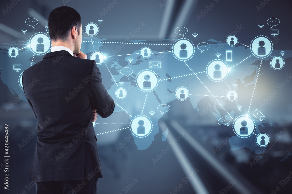 Poster Working social network concept with thinking businessman on world map background with connections