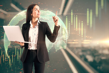 Right decision concept with businesswoman with laptop got new idea and digital screen with financial chart candlestick andpart of world map