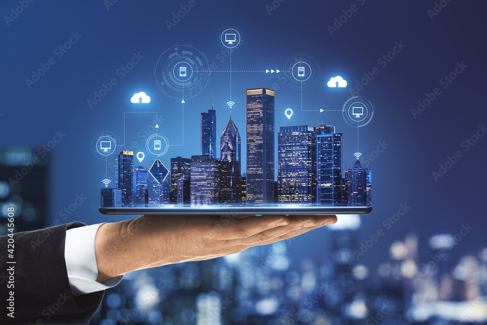 Poster smart city concept with real skyscrapers layout with glowing digital cloud technology icons on digit
