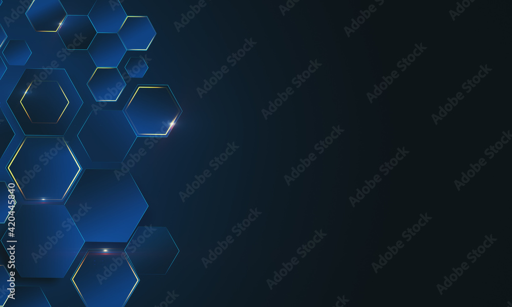 Poster abstract technological backdrop with blue honeycomb of different size and dark copyspace for your si