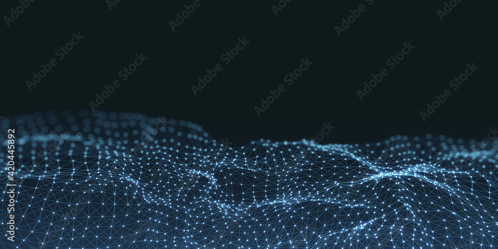 Poster Abstract technology background with digital glowing dots connected by lines as a net. 3D rendering