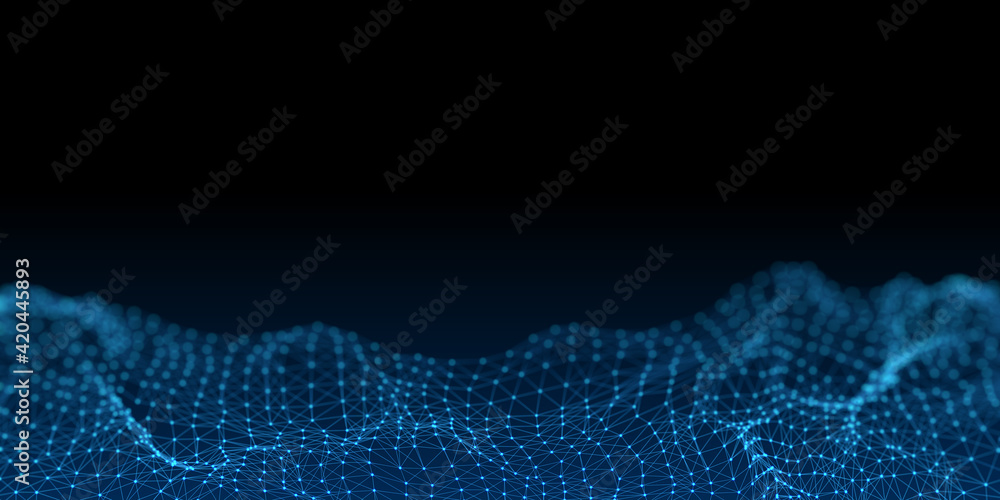 Poster blank dark wallpaper with glowing digital geometrical lines connected by dots. 3d rendering