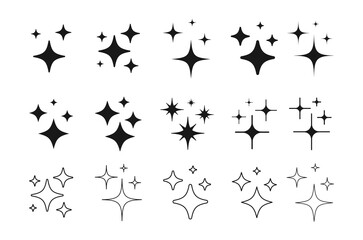 Set of Clean shining icons. Sparkle Sign. Flash symbol. Twinkle star shapes vector design.