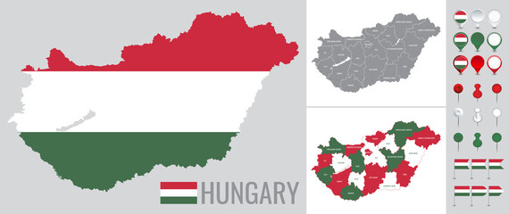 Hungary vector map with flag, globe and icons on white background