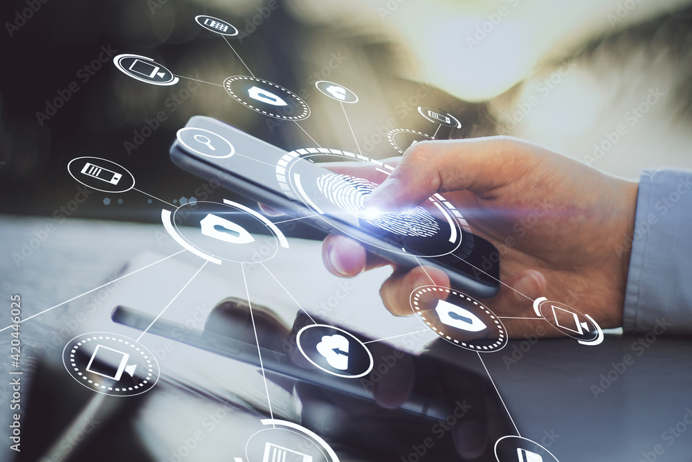 Aufkleber Personal data information security with modern cell phone in man hand and virtual screen with digital security icons and fingerprint