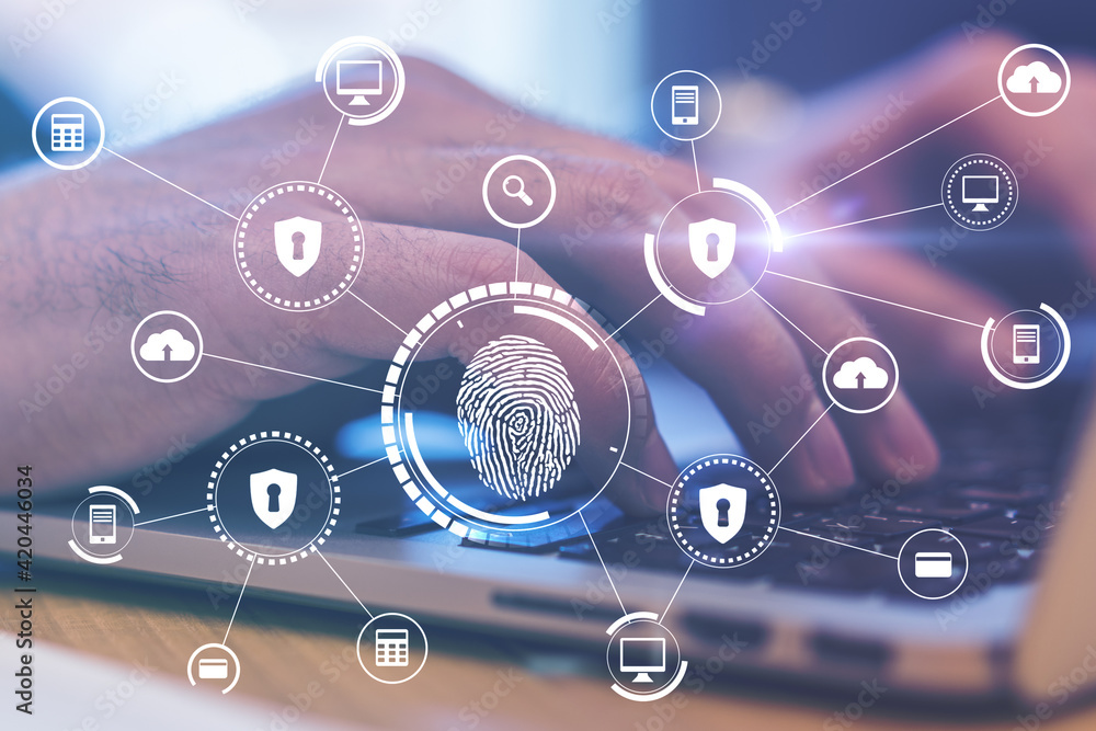 Aufkleber Biometric verification concept with man hand on laptop keyboard and digital fingerprint and security icons
