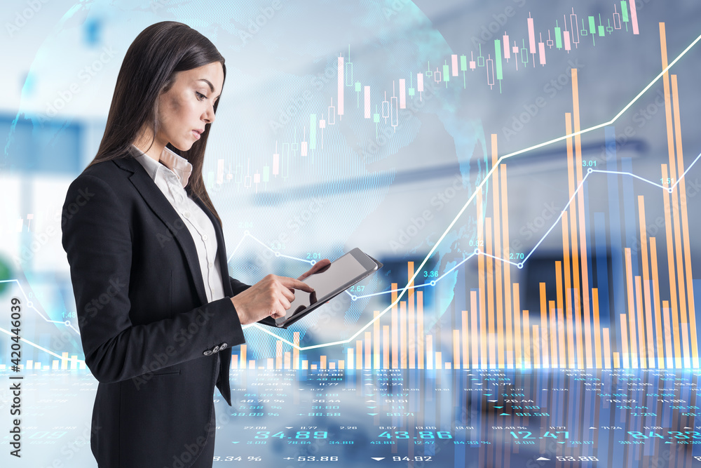 Poster analysis and analytics concept with digital tablet and businesswoman and growing financial graphs, c