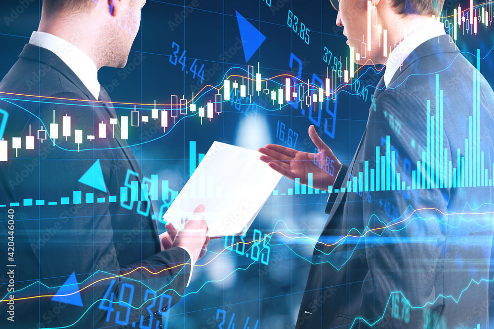 Aufkleber Stock market analytics and analysis concept with two traders reading report and digital screen with growing financial chart graphs
