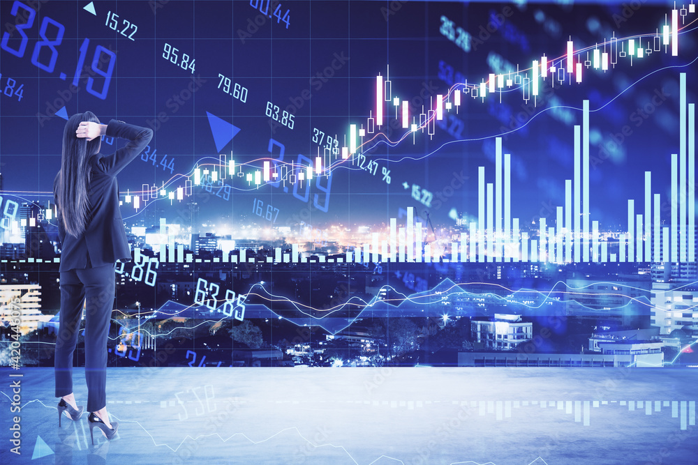 Leinwandbilder online trading analytics and analysis concept with businesswom looking at touch screen with growing 