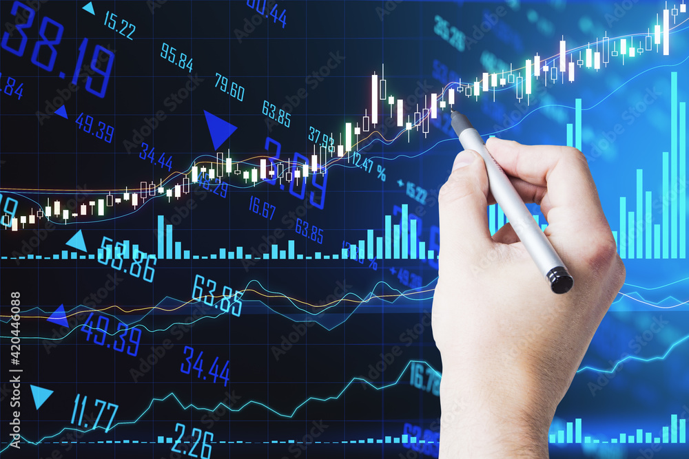 Poster profit and analytics concept with man hand writing on touch screen with growing financial chart grap