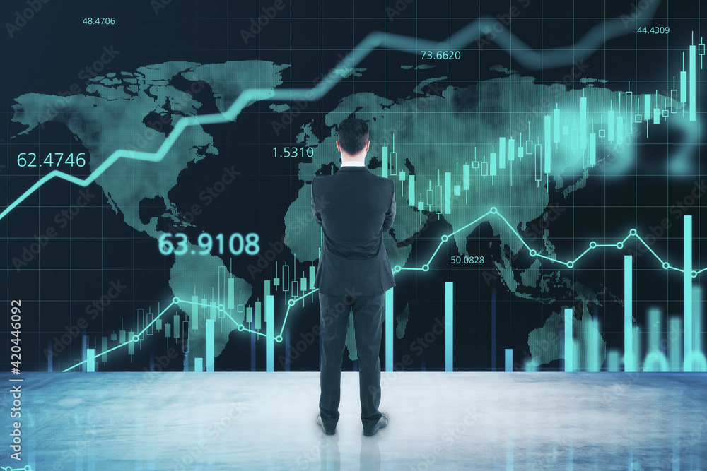 Poster Market exchange analytics and analysis concept with businessman in front of digital screen with growing financial chart graphs