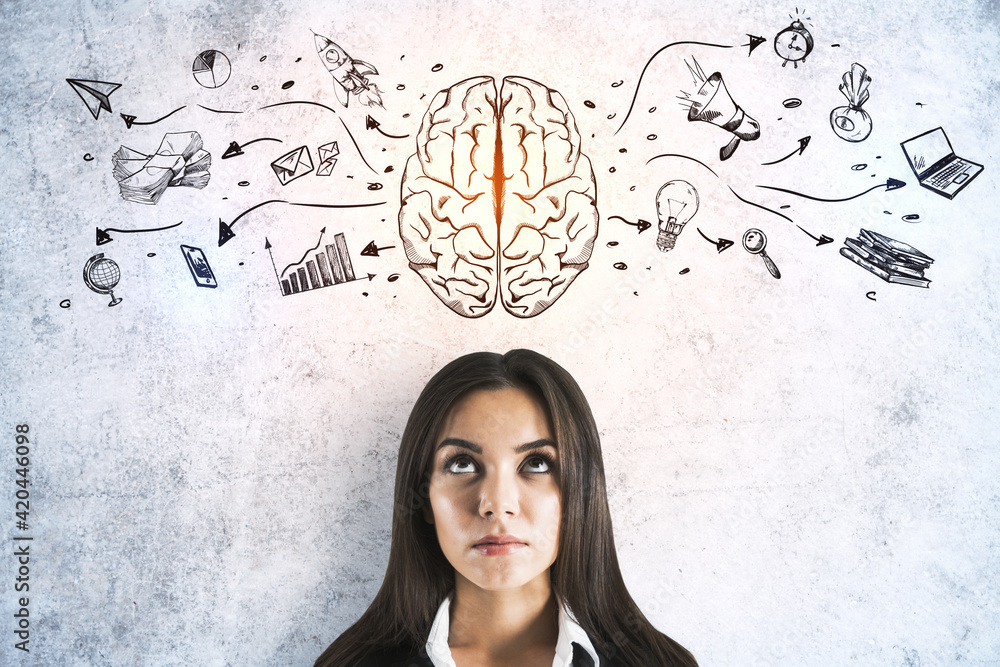 Poster brainstorming concept with businesswoman and handwriting sketch of brain hemispheres and business el