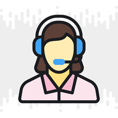 Technical support, customer support or telephone operator icon. Call center concept. Woman in headset answers customer requests. Simple color version on a light gray background