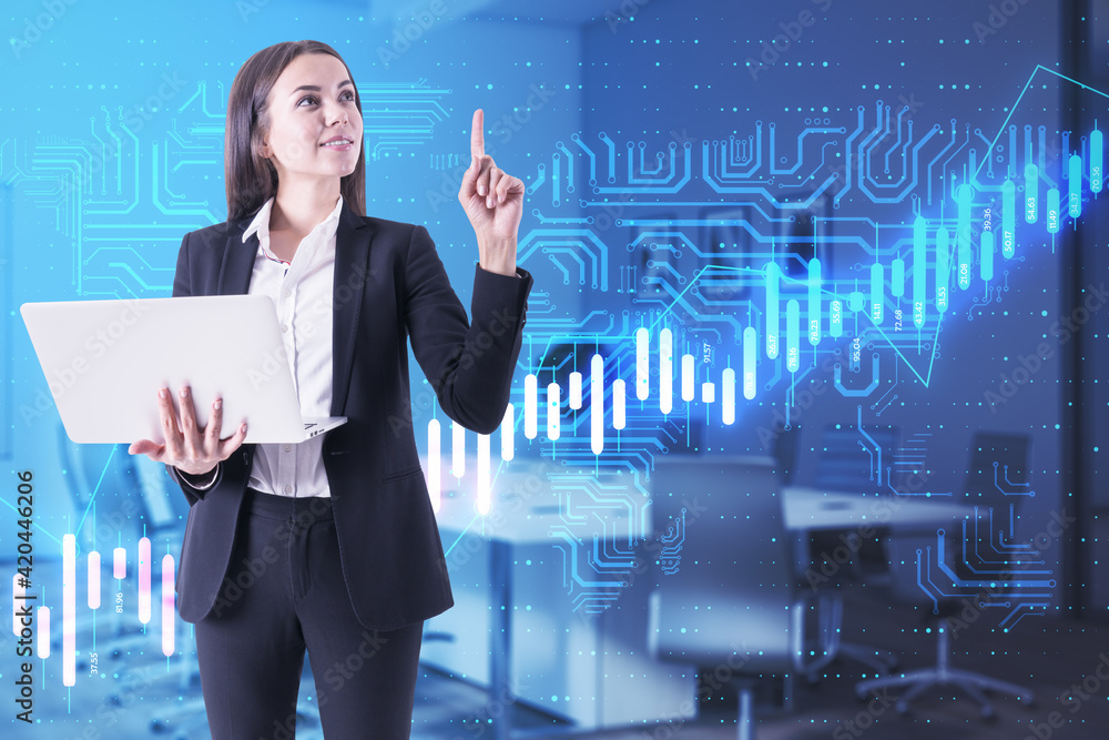 Poster Successful investment and algorithmic concept with joyful businesswoman at growing financial chart graphs and microcircuit