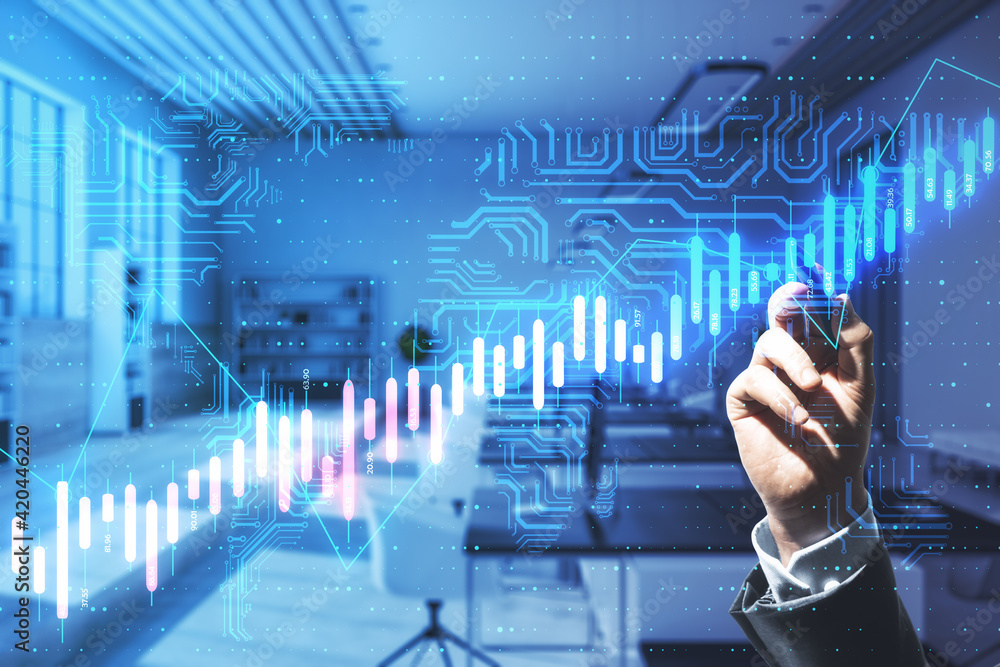 Poster Algorithmic trading and financial concept with man hand writing on touch screen with glowing circuit and growing financial chart