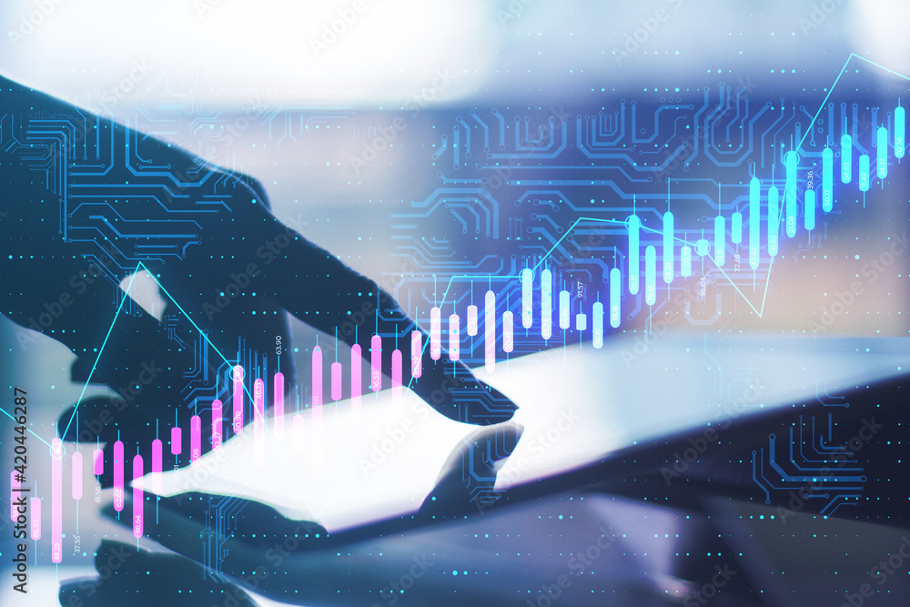 Poster Stock market algorithmic concept with digital circuit and financial chart graph on backdrop with finger touching digital tablet screen