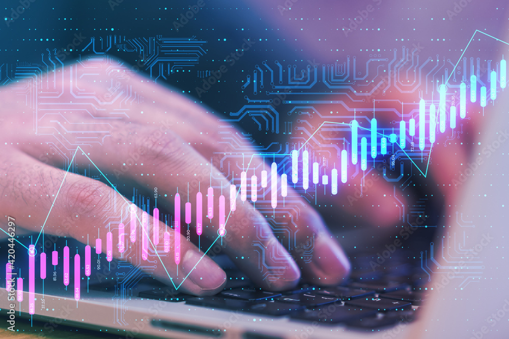 Poster financial and algorithmic exchange market concept with financial chart candlestick and circuit on to
