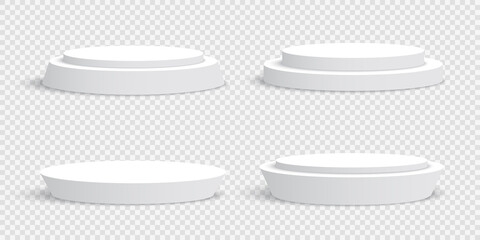 White blank round podiums on transparent background. Pedestals. Vector illustration.