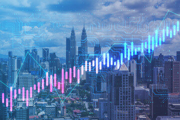 Algorithmic technology concept with digital screen with growing financial chart graphs and circuit on megapolis city background