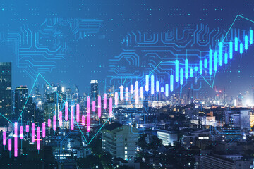 Plakat Algorithmic trading concept with digital growing stock market chart candlestick and microcircuit on city background