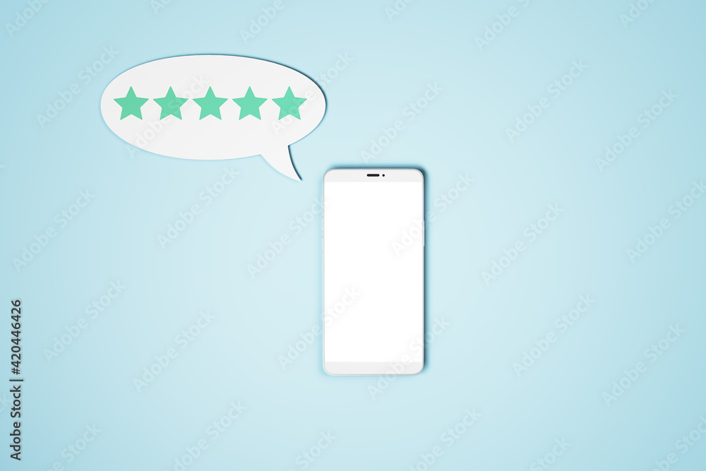 Poster High social network rating concept with blank white smartphone screen and speech bubble with five stars inside on blue surface. Mock up