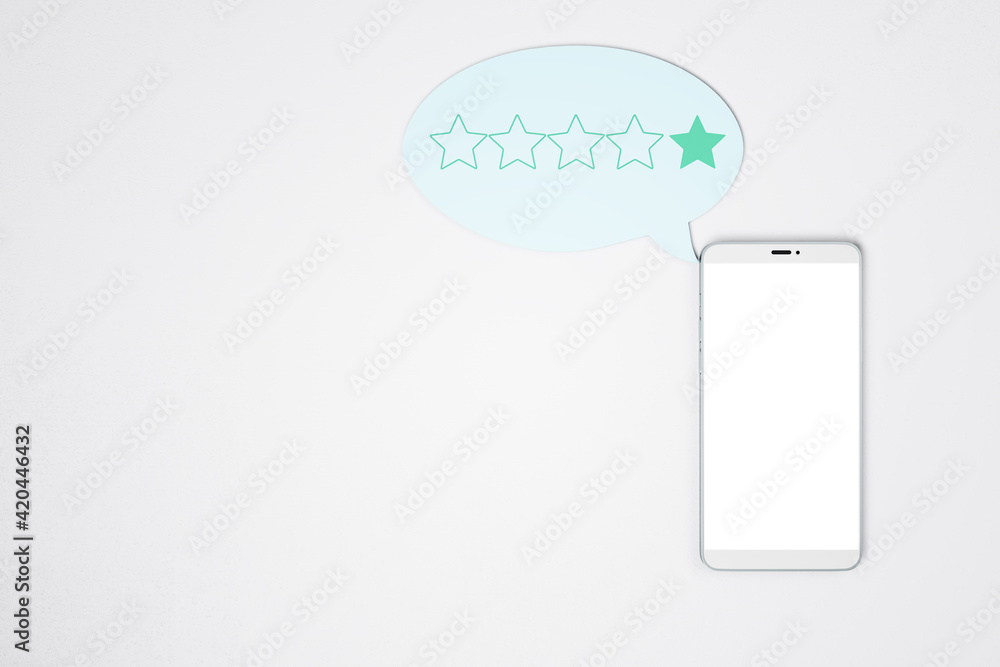 Poster Low rating concept with blank white cell phone display on light background and speech bubble with one star inside. Mock up